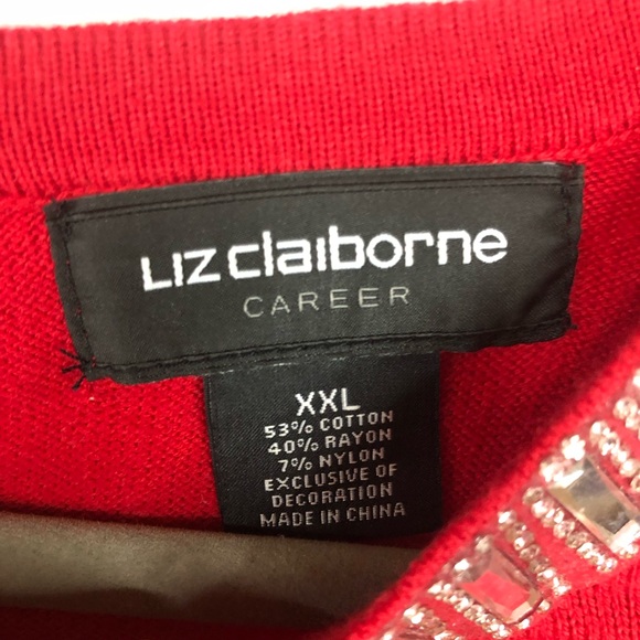 Liz Claiborne Red Holiday Sweater Beaded Crew Neckline Single Button Closure - Picture 6 of 8